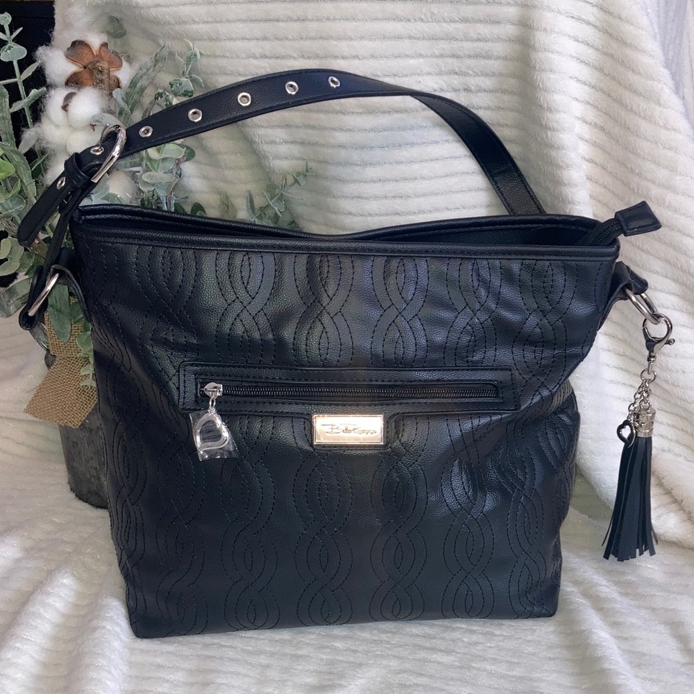 Bella Russo Black Patterned Handbag with tassel and inside keychain NEW